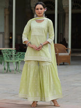 Women'S Lime Green Cambric Floral Print Kurta Sharara Sets
